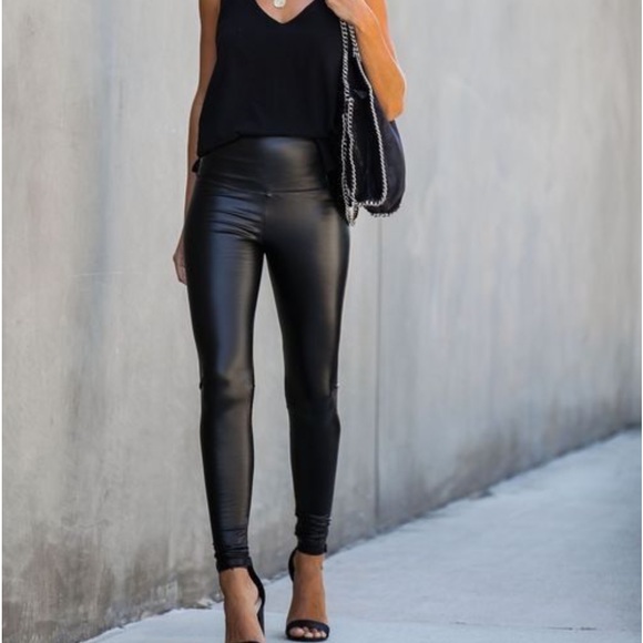 976 CLEARANCE Vegan Faux Leather Black High Waisted Stretch Shiny Legging Pants - Picture 4 of 6